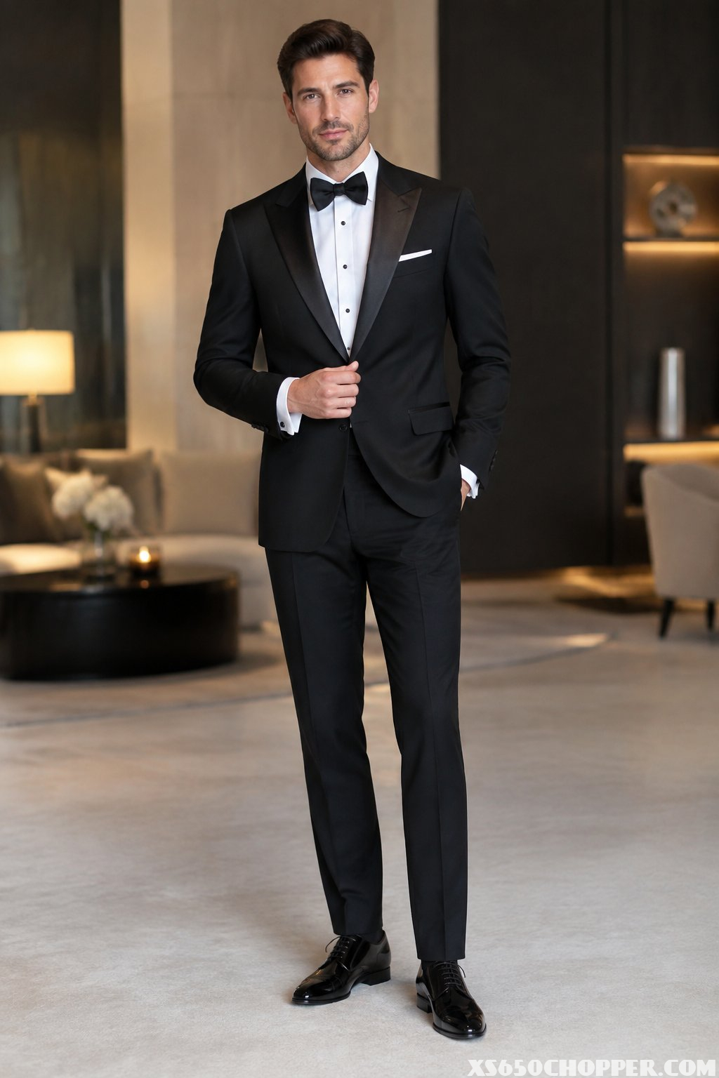 A man wearing a black tuxedo, white dress shirt, bow tie, and polished black Oxford shoes stands in an elegant interior.