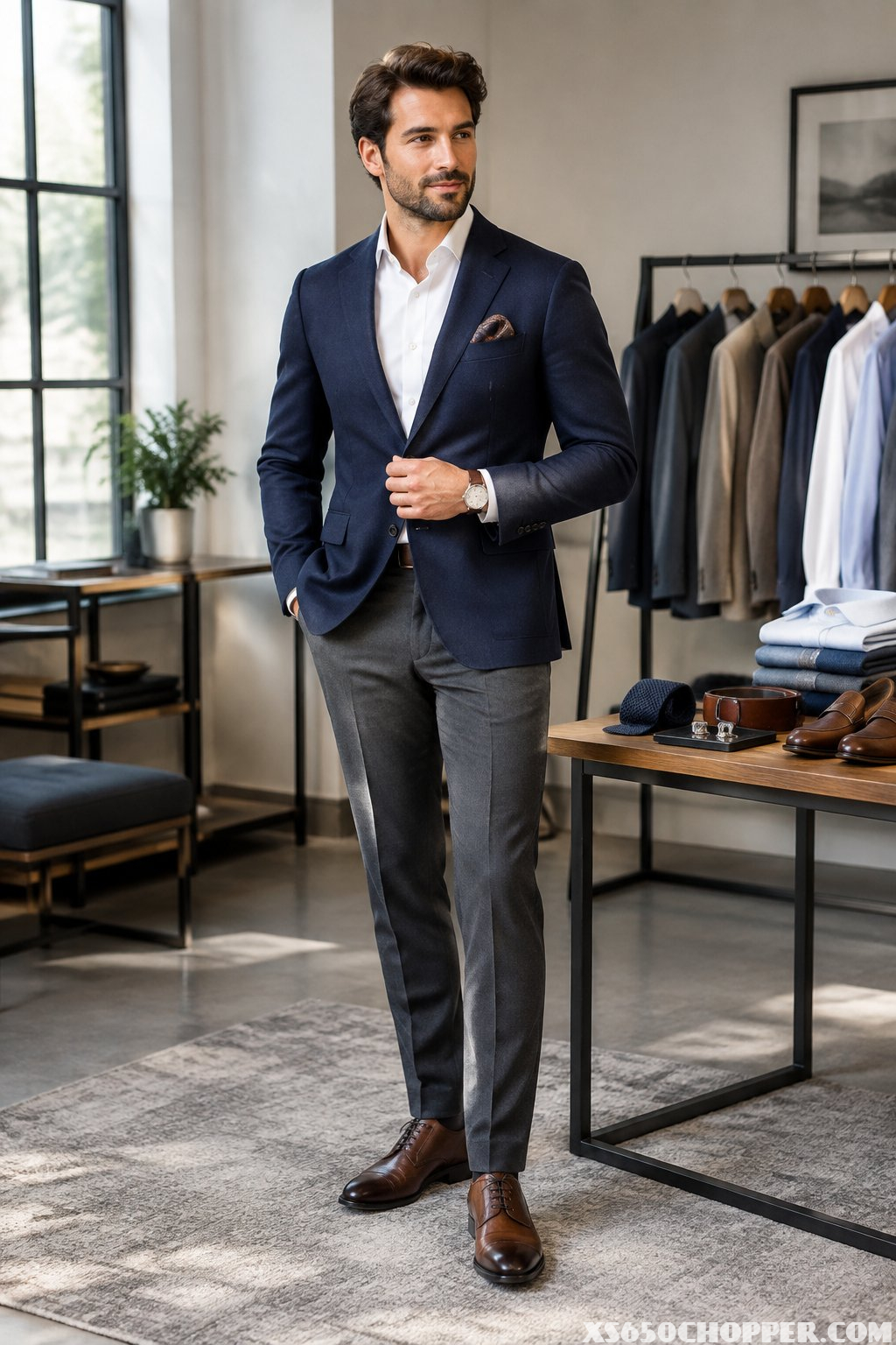 A well-dressed man stands in an elegant clothing boutique surrounded by coordinated menswear and accessories.