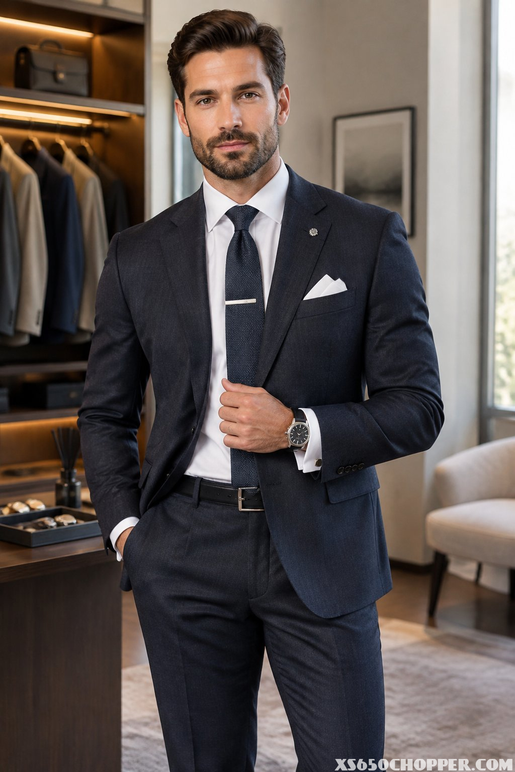 A well-dressed man in a tailored suit stands in an upscale dressing room with refined accessories.
