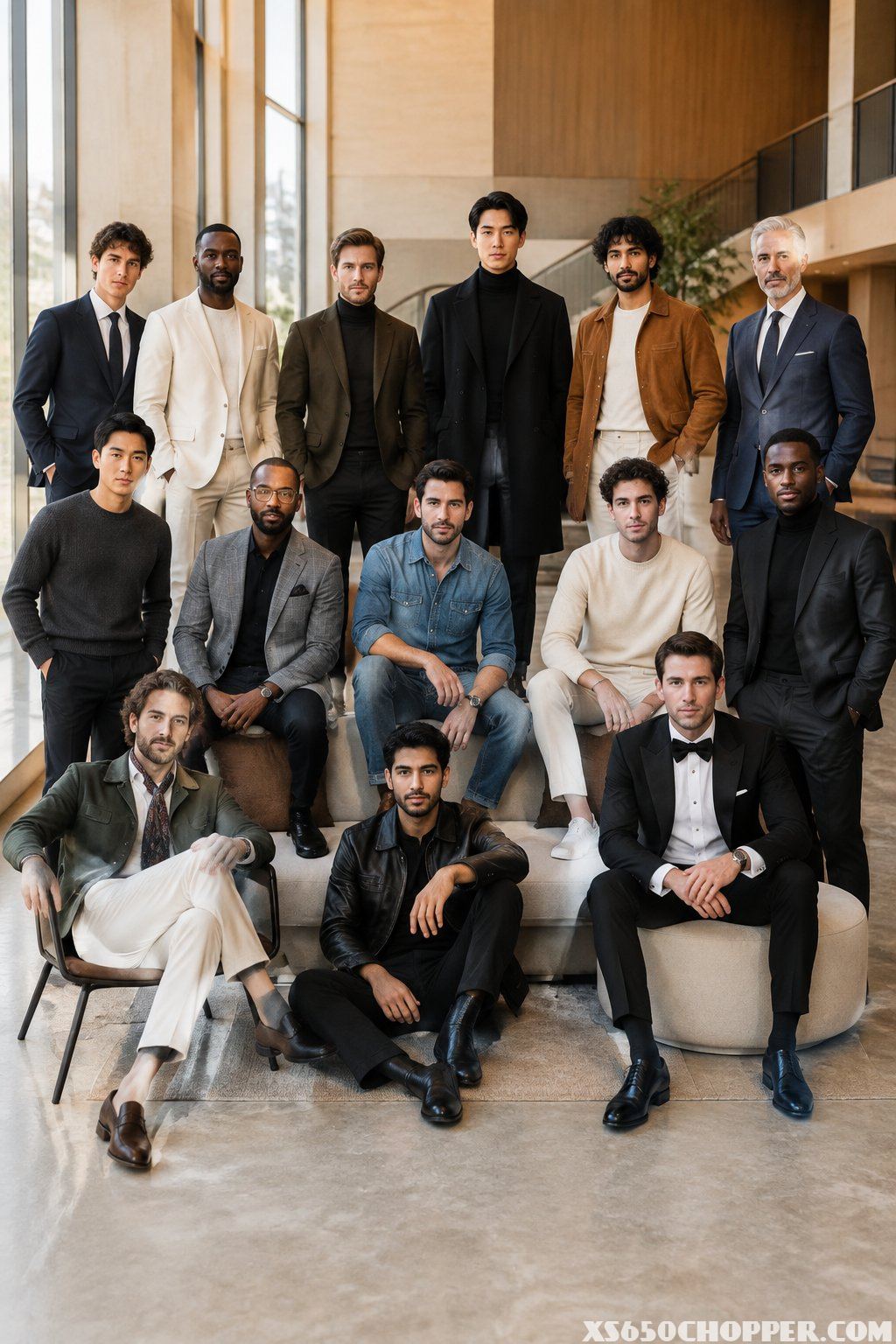 Fifteen diverse men pose together in polished, fashionable outfits in an upscale interior.