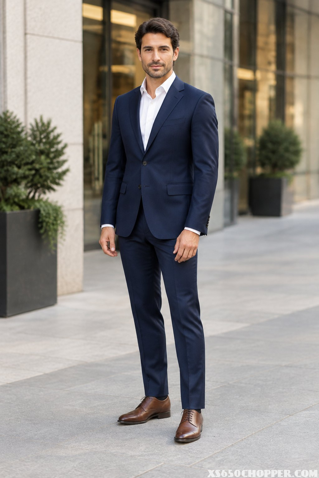 A man in a navy suit, white shirt, and brown Oxford shoes standing outside a modern building.