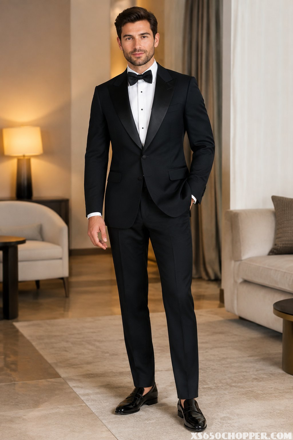 A man wearing a black tuxedo, white shirt, bow tie, and shiny black loafers stands in an elegant interior.