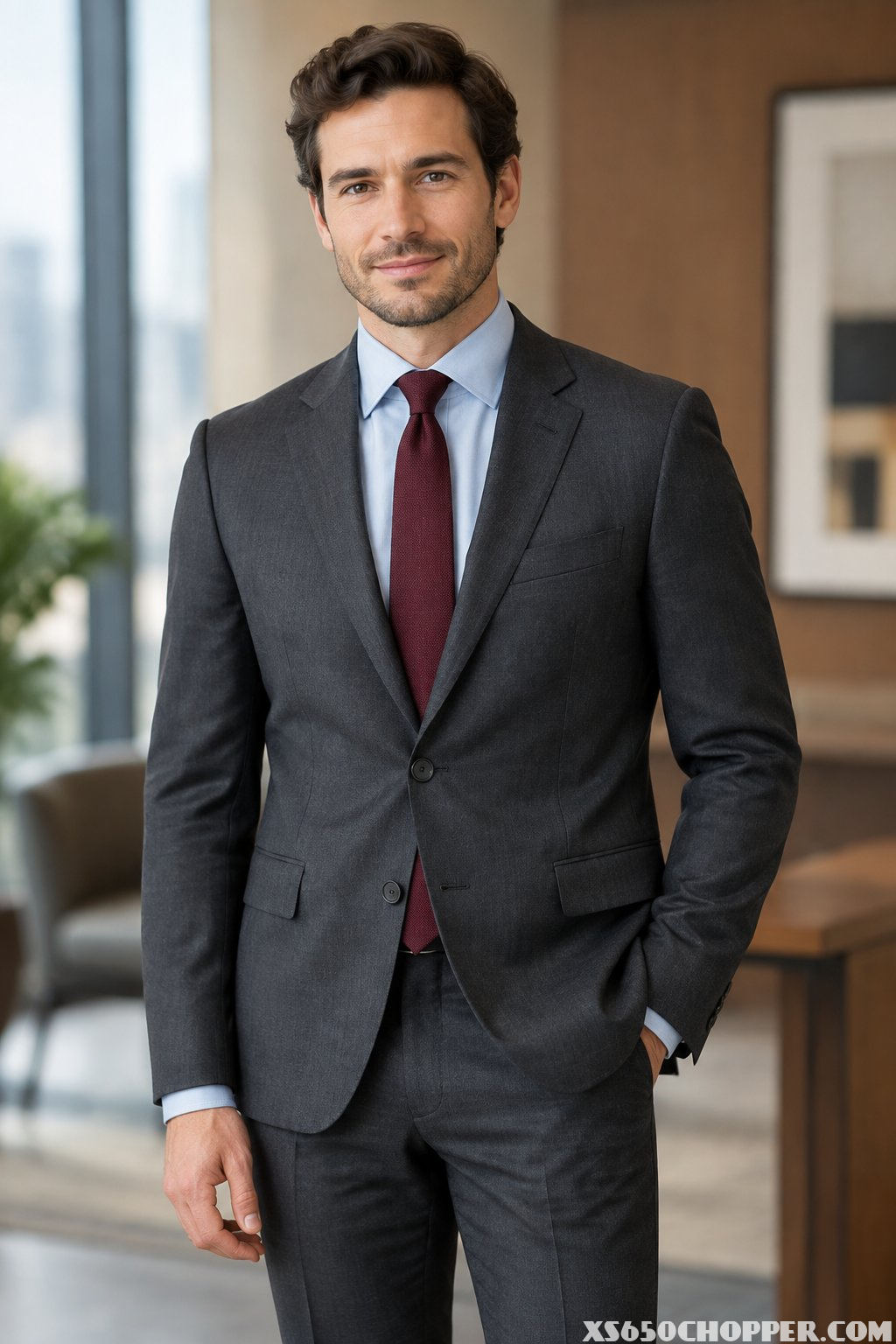 A man in a charcoal suit, light blue shirt, and burgundy tie standing in a modern office.
