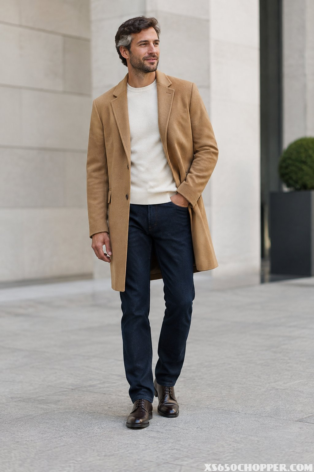 A man wearing a camel coat, merino sweater, dark jeans, and leather shoes in an urban setting.
