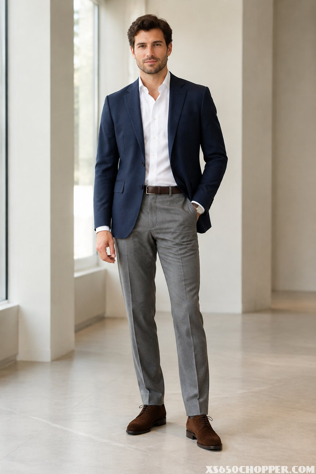 A man wearing a navy blazer, grey trousers, and brown suede Derby shoes stands in a bright modern interior.