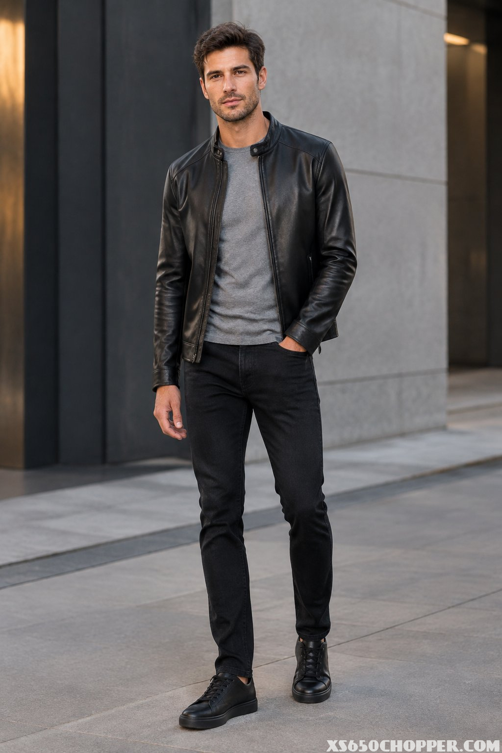 A man wearing a black leather jacket, grey T-shirt, slim black jeans, and black sneakers stands in an urban setting.