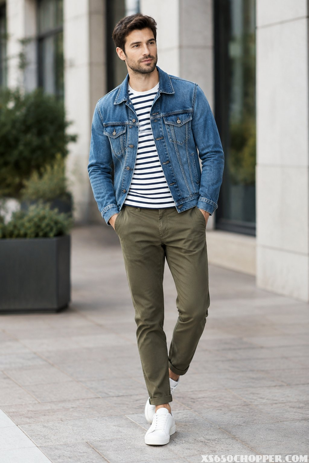 A man wearing a denim jacket, striped shirt, olive chinos, and casual shoes stands in an urban setting.