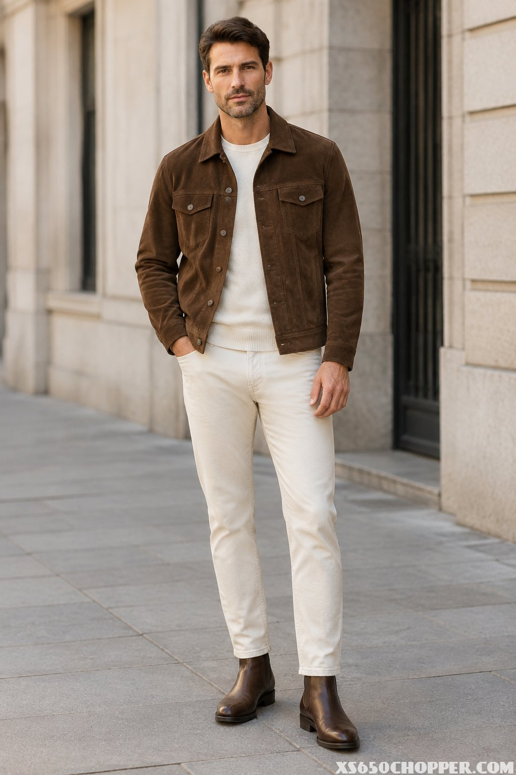 A man wearing a brown suede jacket, ecru jeans, and dark Chelsea boots.
