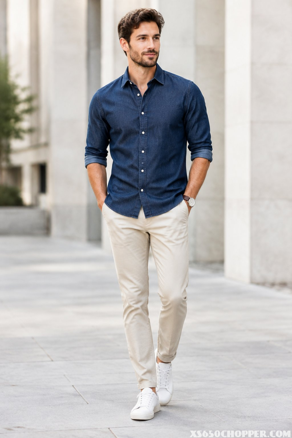 A man wearing a dark denim shirt, stone-colored chinos, and white leather sneakers stands in an urban setting.