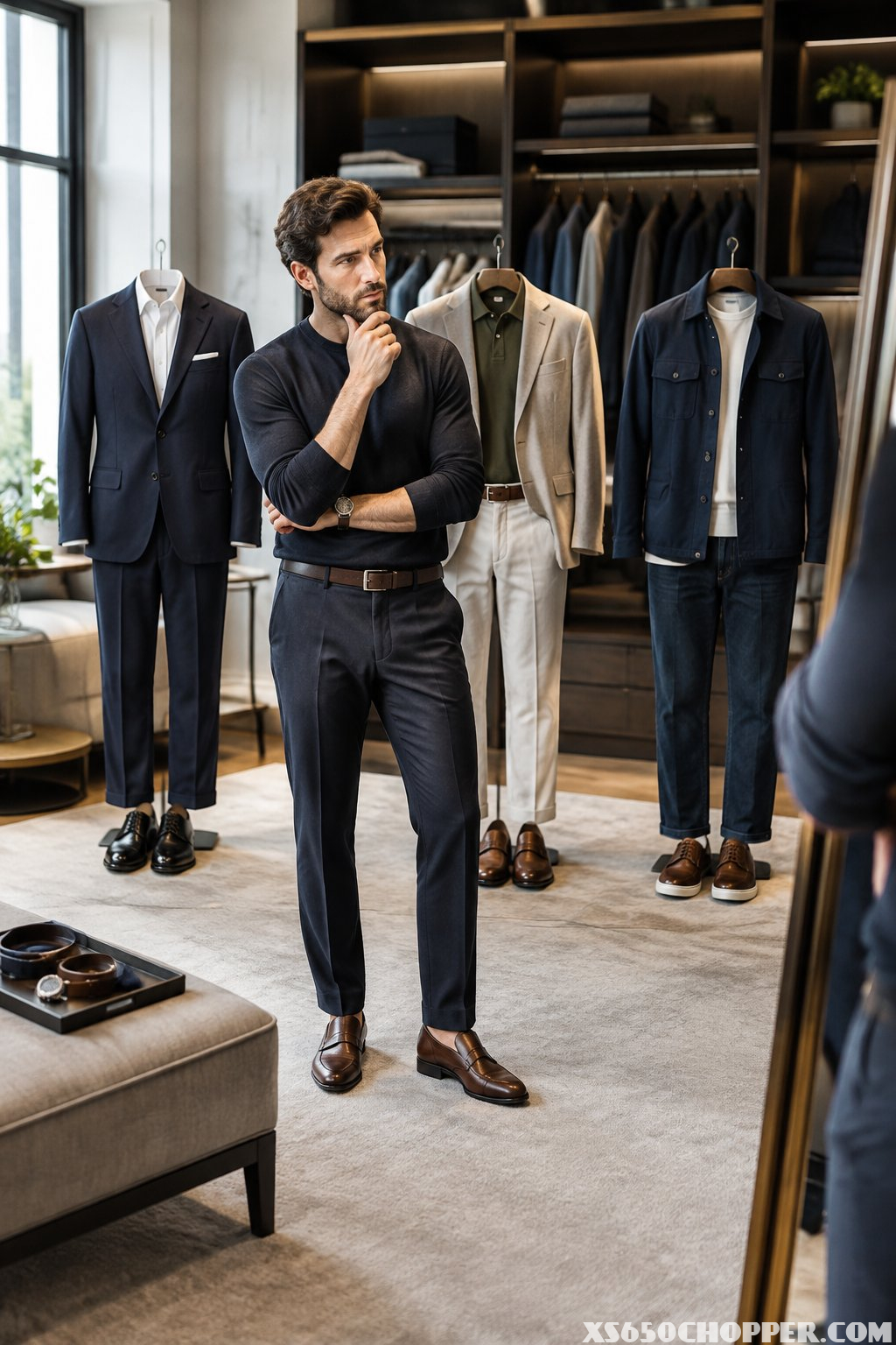 A well-dressed man chooses among formal, smart-casual, and weekend outfits in a stylish dressing room.