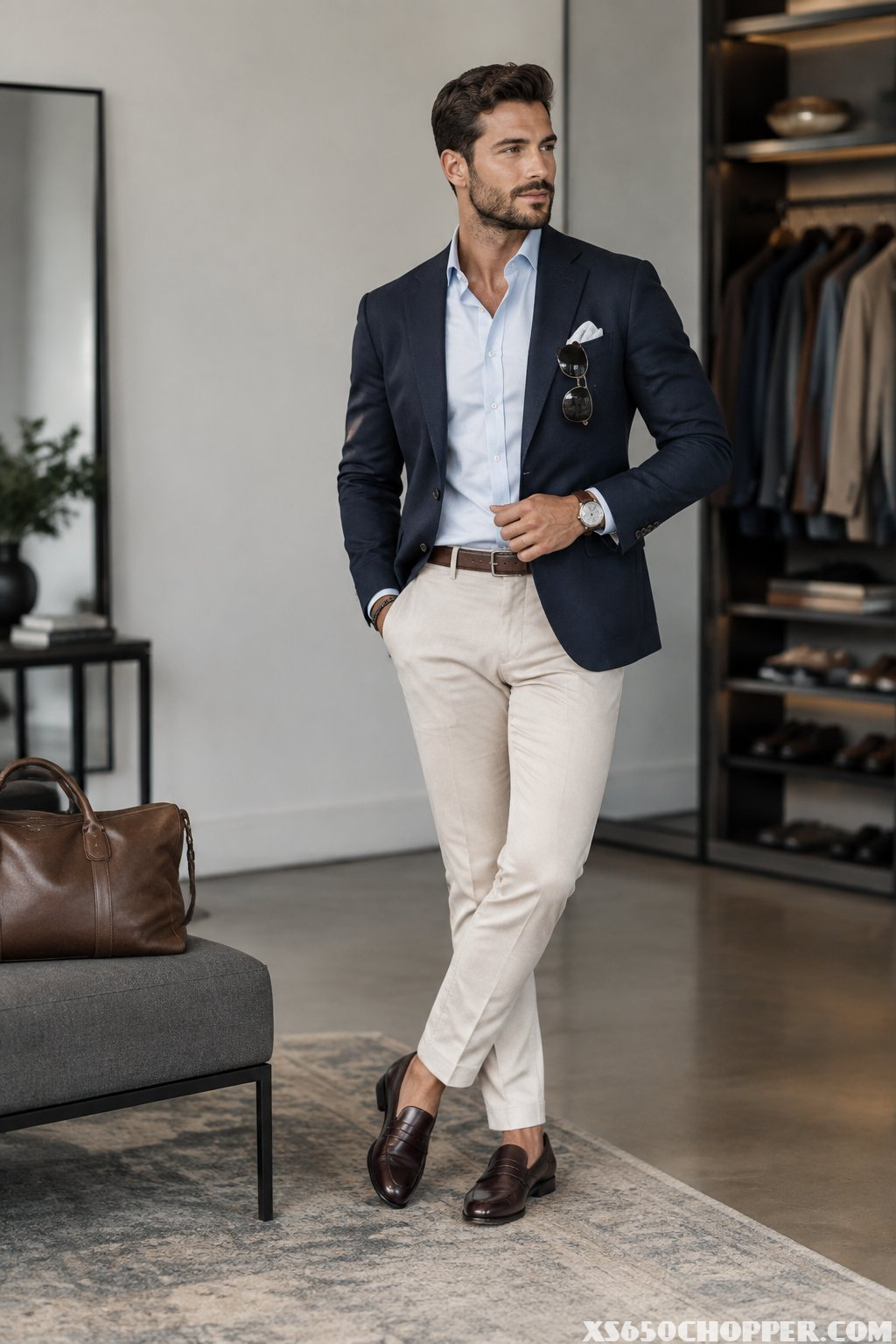 A well-groomed man in a tailored navy blazer stands confidently in a modern dressing room with accessories nearby.