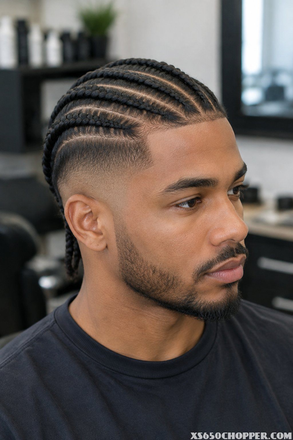 Man with six neat cornrows and a mid skin fade in a barbershop.