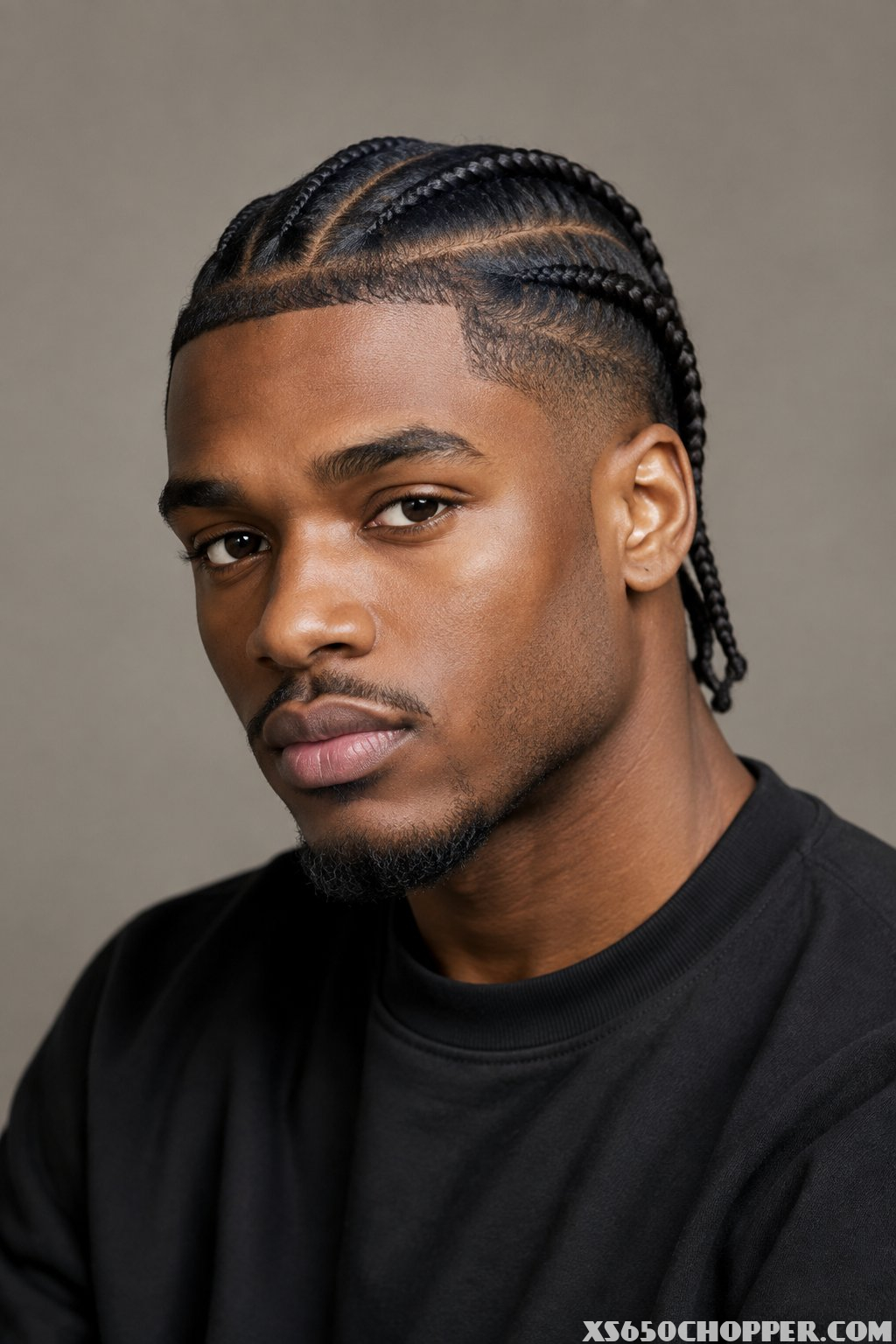 A man with neat cornrow braids and a low fade haircut poses for a portrait.