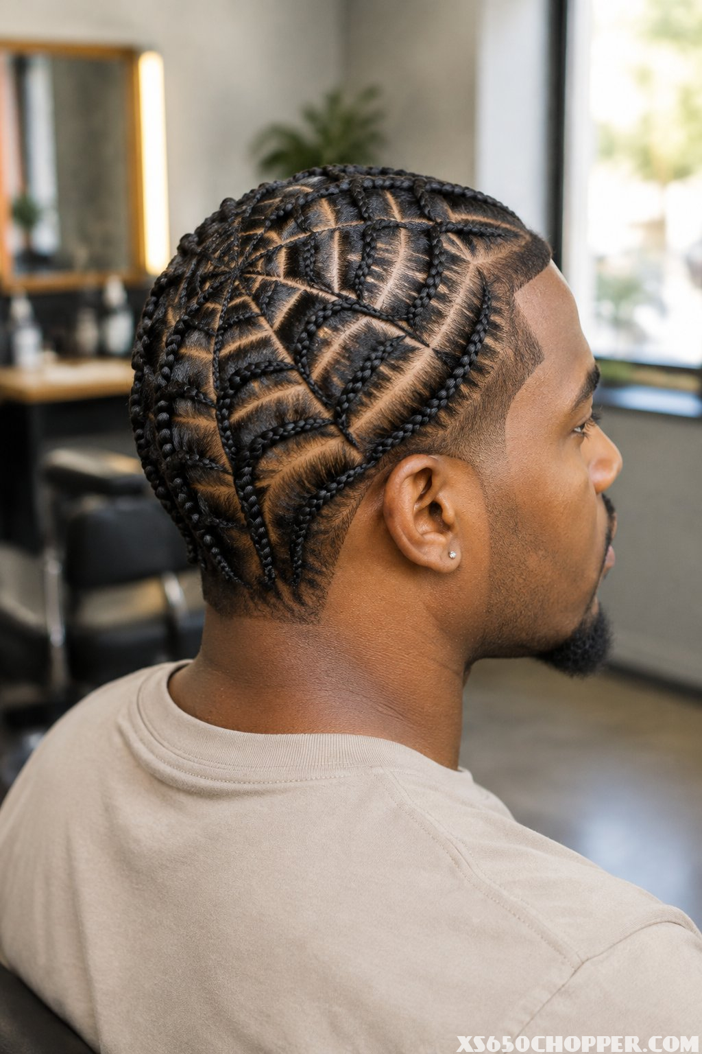 Man with spiderweb cornrows and a clean hairline viewed from behind.