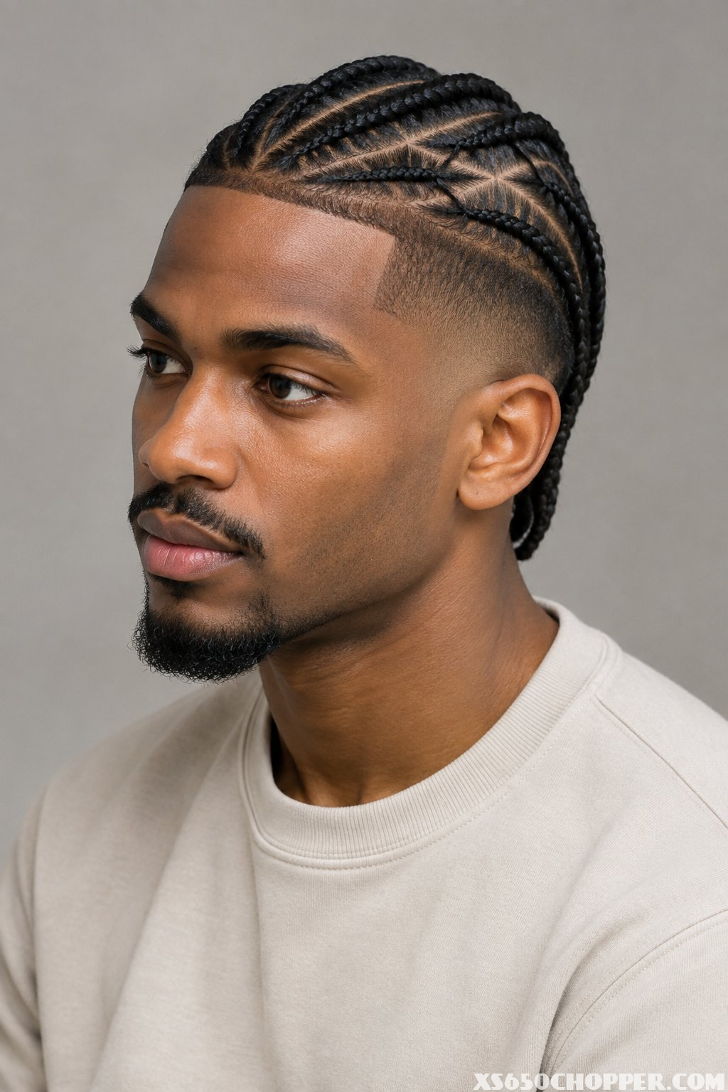 A man with patterned cornrow braids and a faded haircut poses against a plain background.