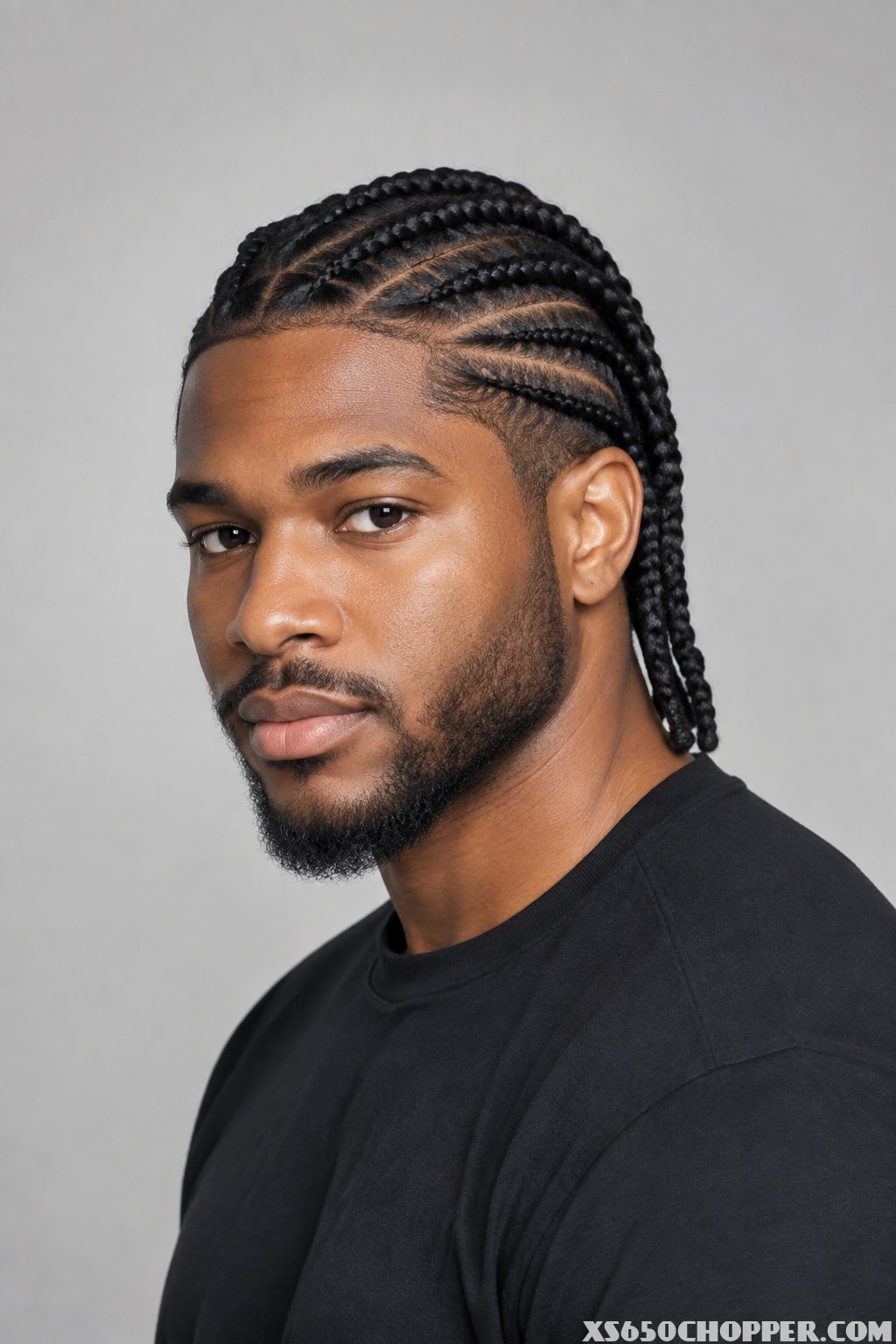 A man with box braids on top and cornrowed sides poses against a plain background.