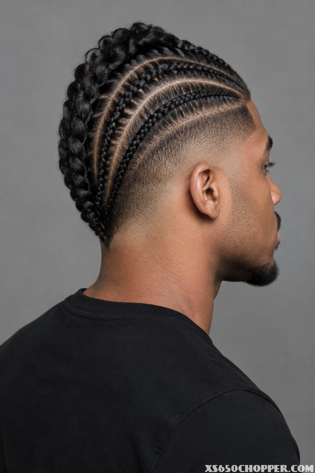 Man with braided cornrows forming a raised mohawk and closely faded sides.