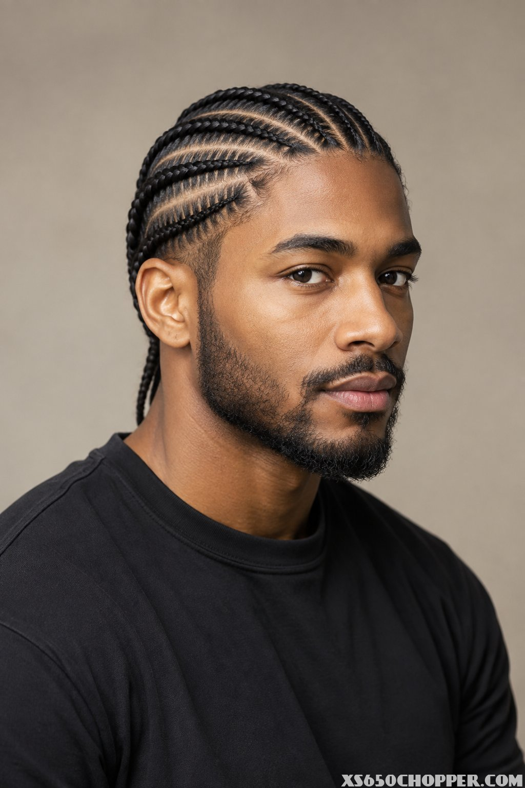 A man poses in a modern barbershop with neatly braided hair.