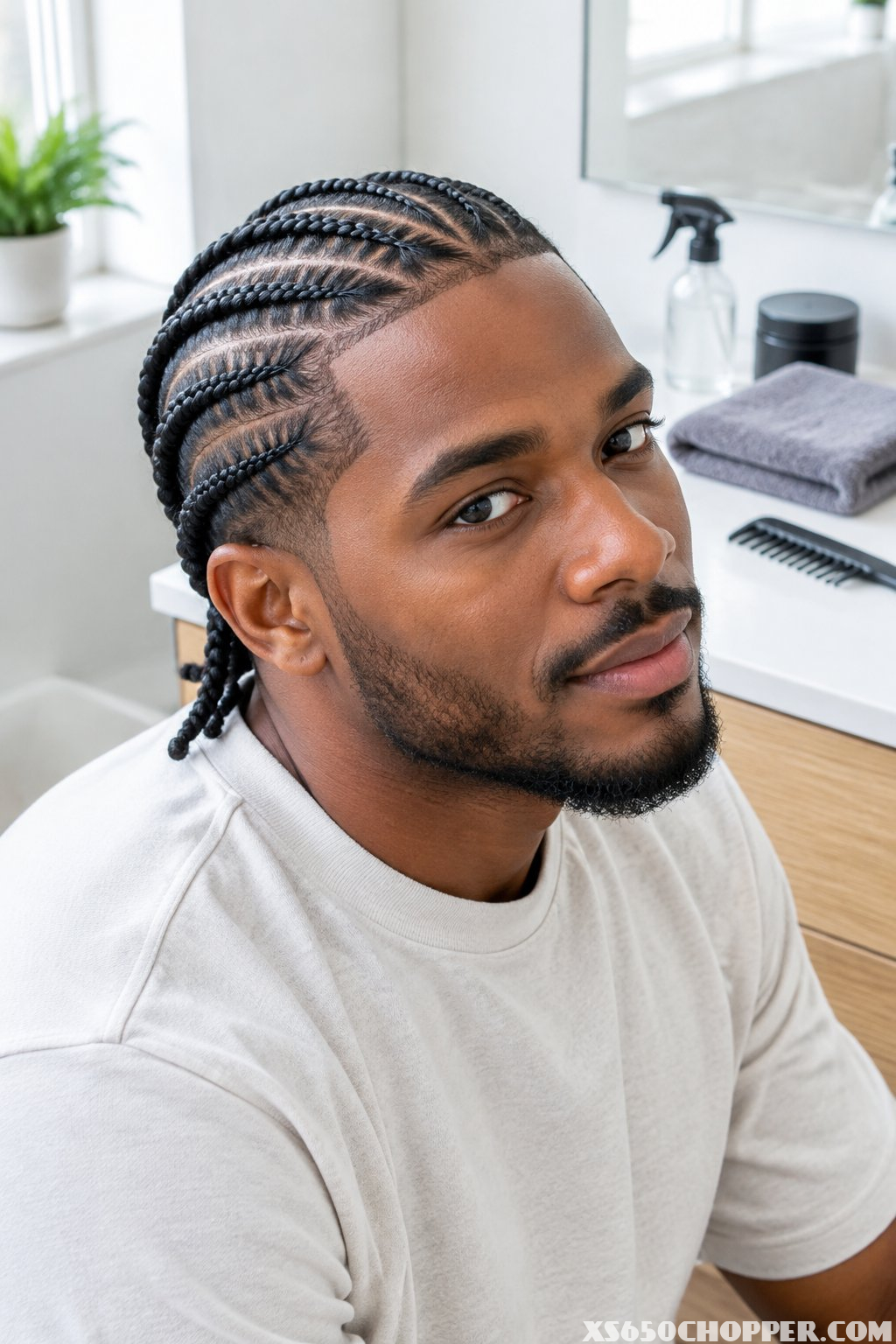 A man with neat cornrows standing in a clean grooming space.