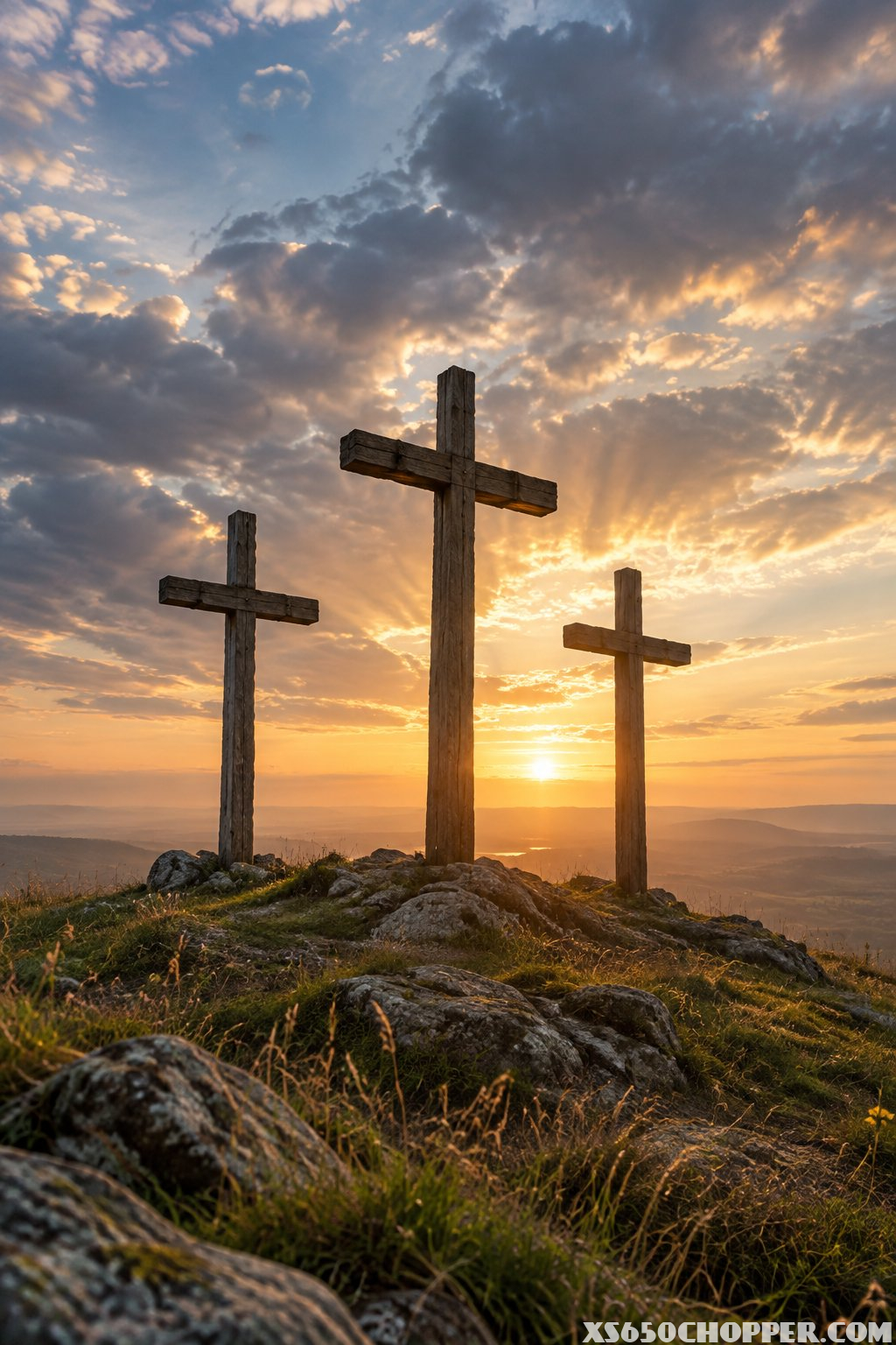 Three wooden crosses stand on a grassy hill beneath a glowing sky.