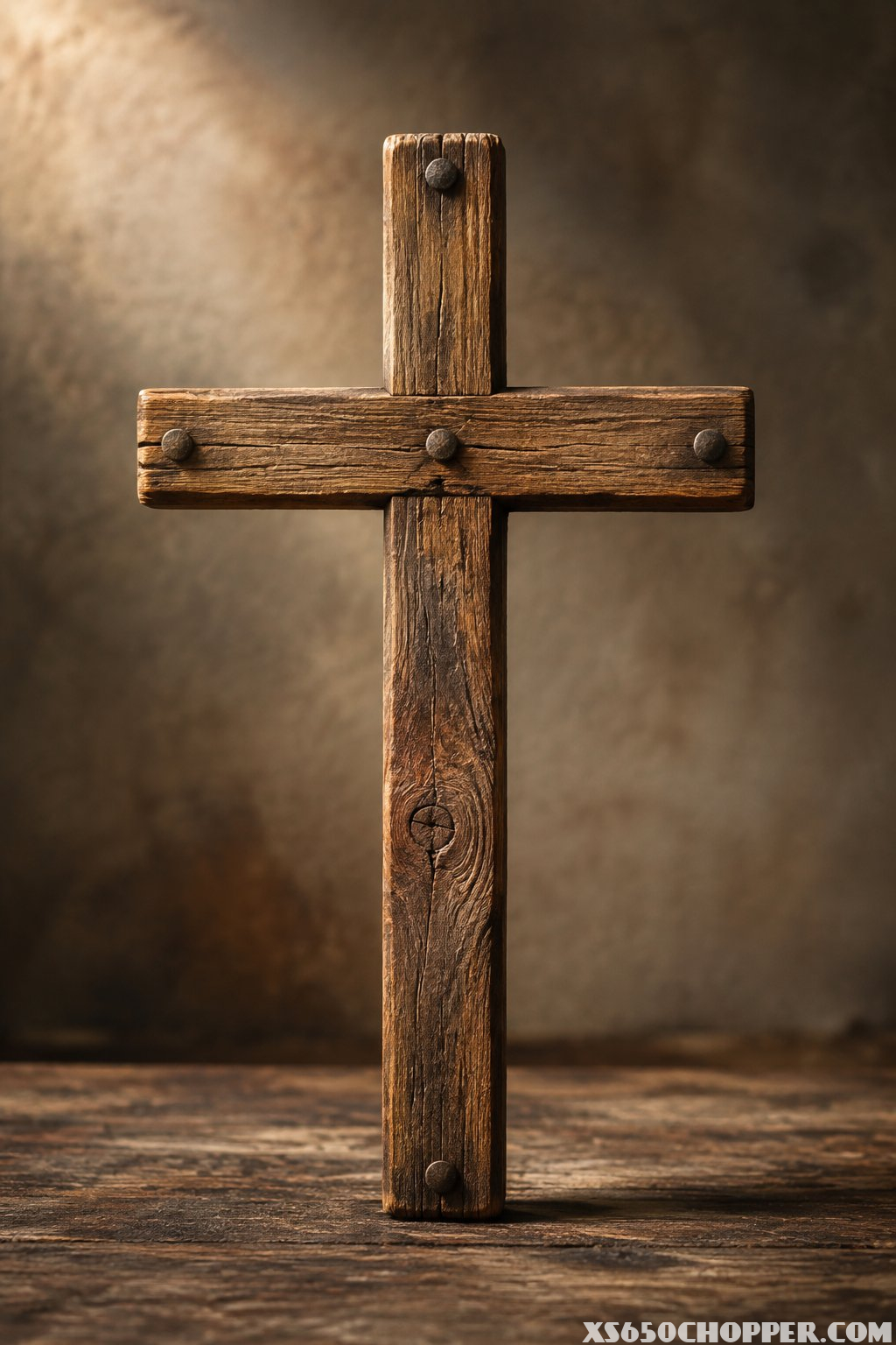 A wooden cross with visible nail details resting on a rustic wooden surface.