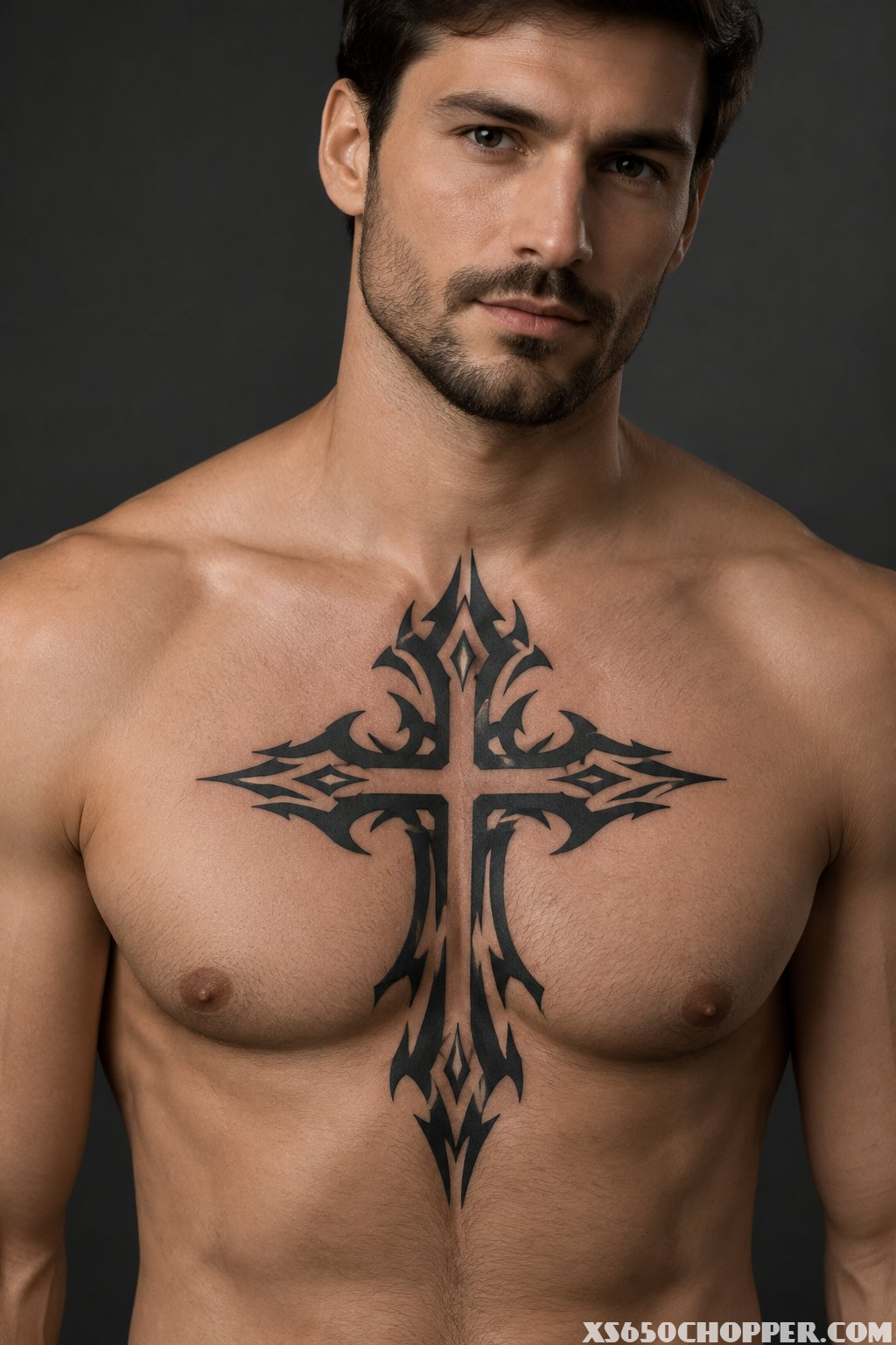 A man displays a bold black cross tattoo centered on his chest.