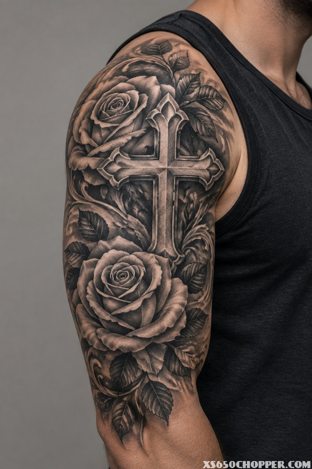 A man's upper arm displays a cross and rose half-sleeve tattoo.