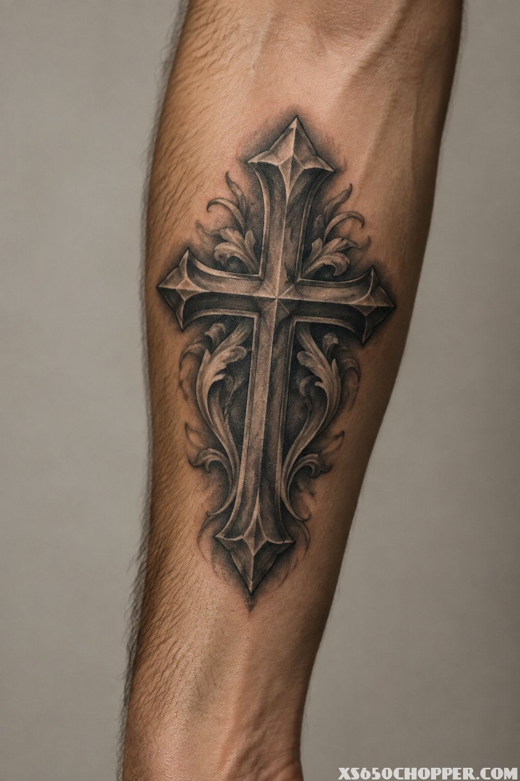 A forearm displaying a bold memorial cross tattoo.