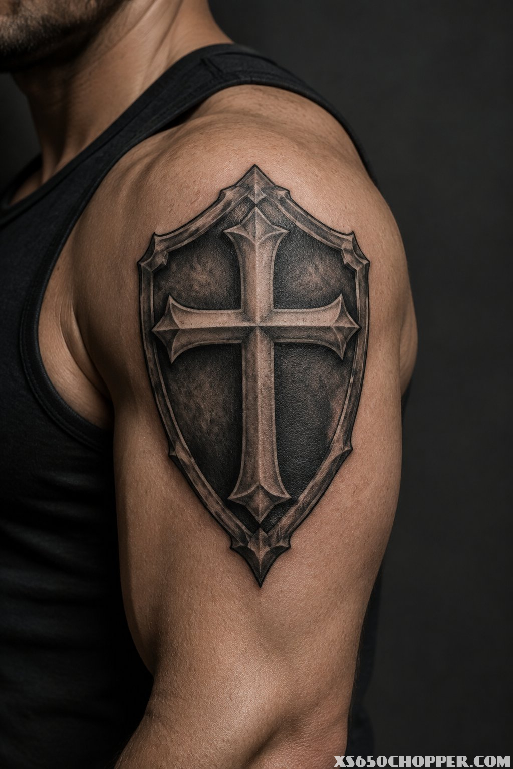 A black cross and shield tattoo on a man's upper arm.