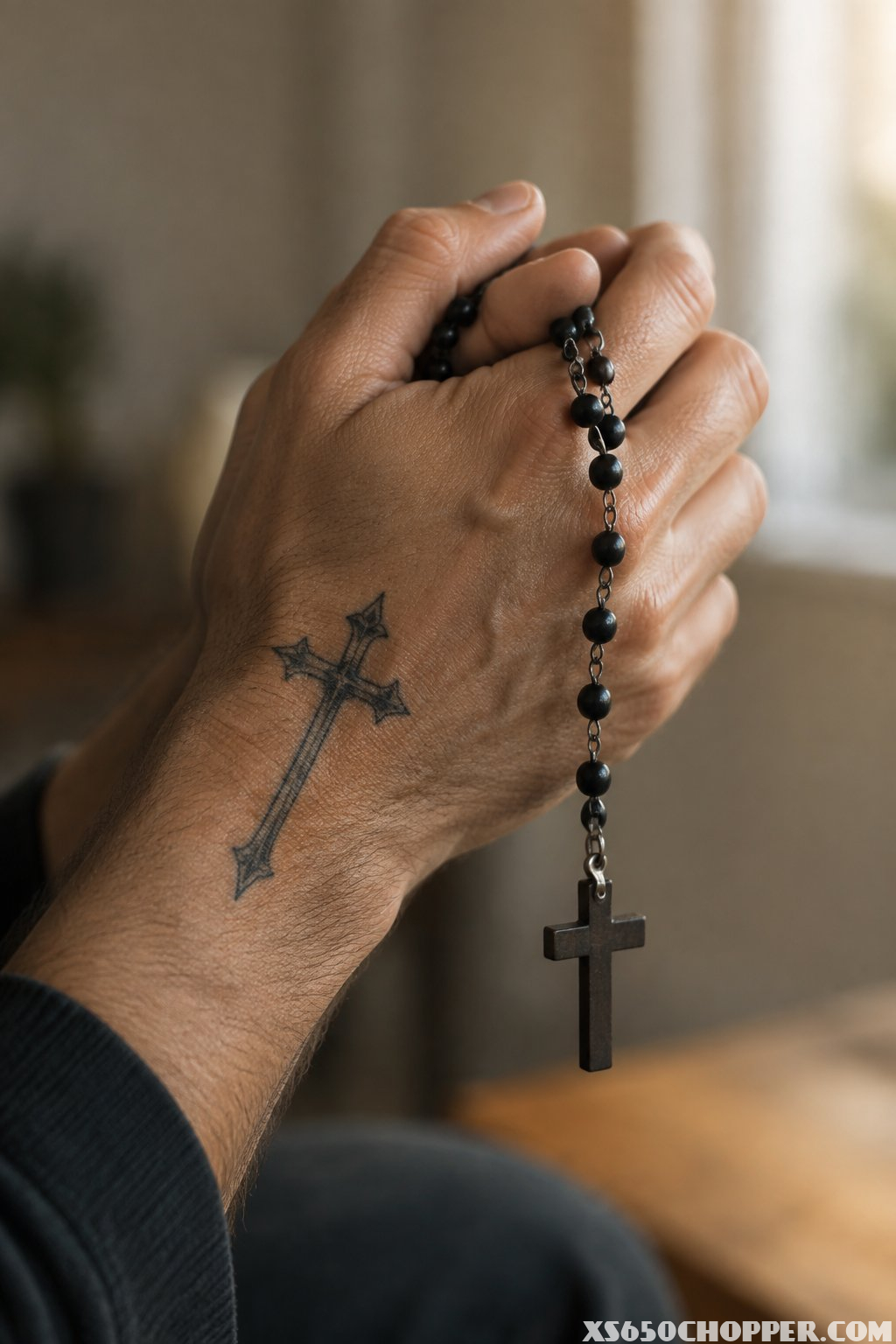 Clasped hands hold a rosary with a cross pendant beside a visible cross tattoo.