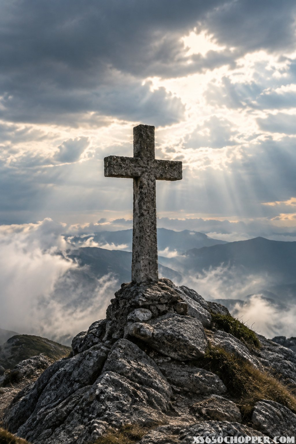 A weathered stone cross stands on a rocky ridge beneath dramatic clouds and sunlight.