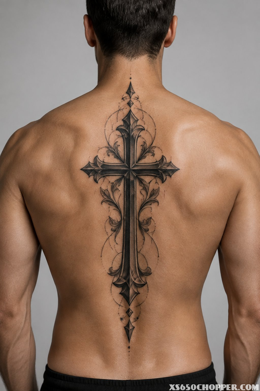 A man's back with a large vertical cross tattoo centered along his spine.