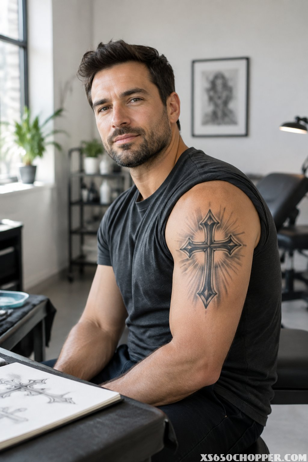 A man with a bold cross tattoo on his forearm stands in a modern tattoo studio.