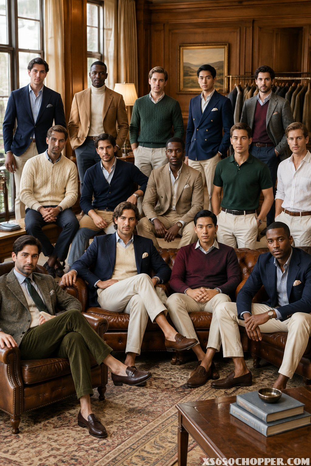Fifteen men wearing elegant classic outfits in a refined interior.
