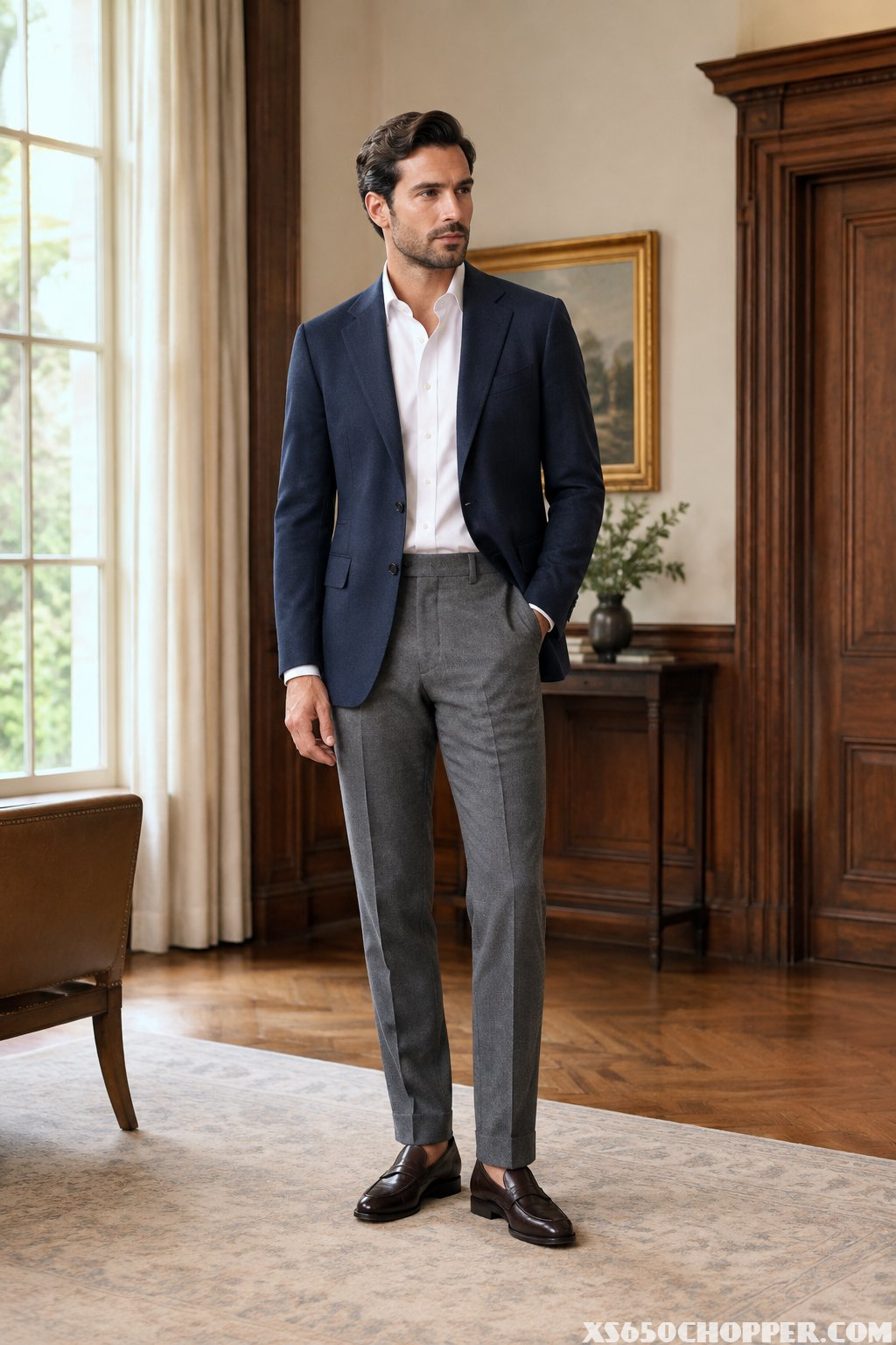 A man stands indoors wearing a navy blazer, white shirt, grey trousers, and brown loafers.