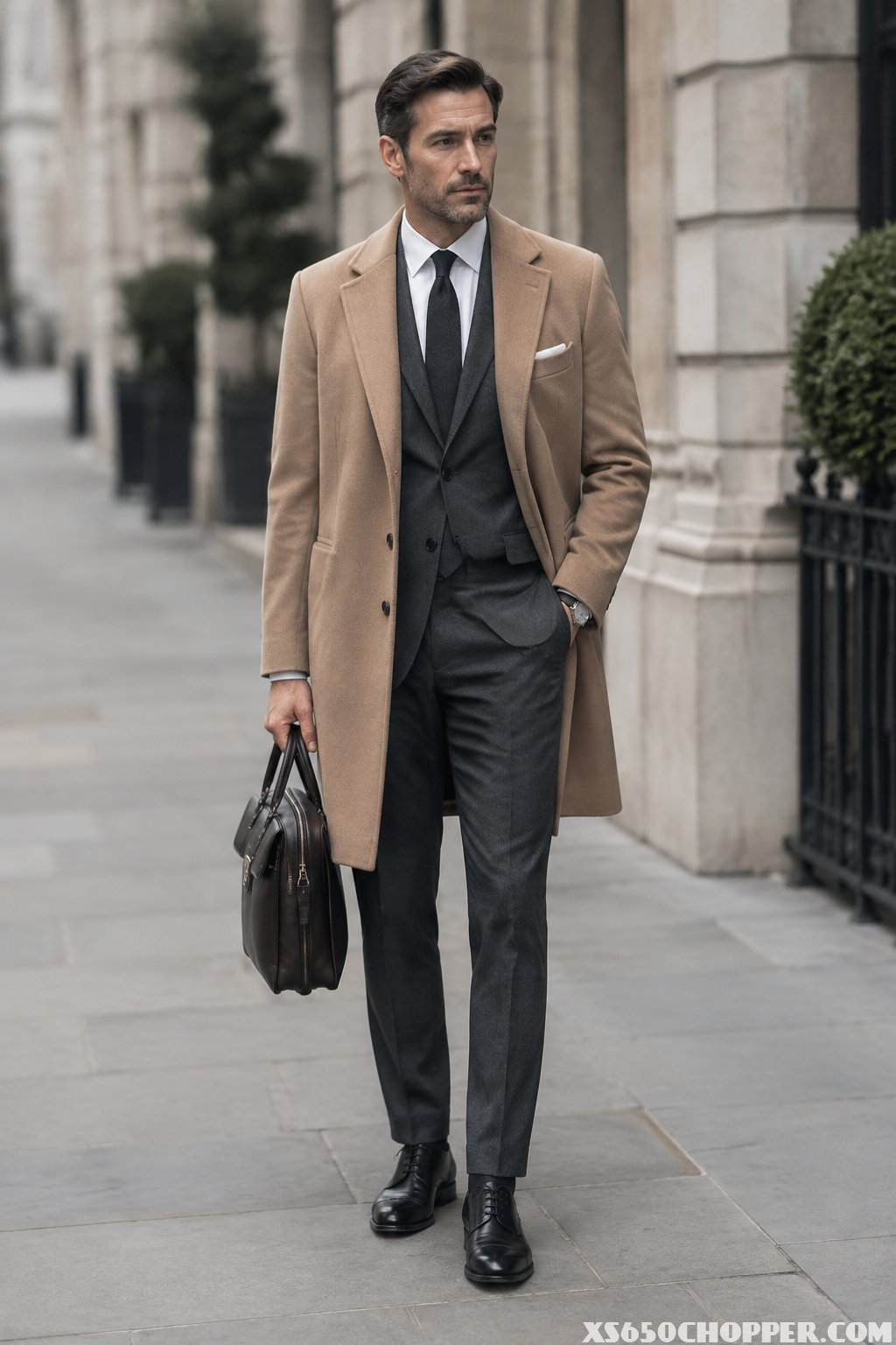 A man wearing a camel coat over a charcoal suit and black Oxford shoes stands on an upscale city street.