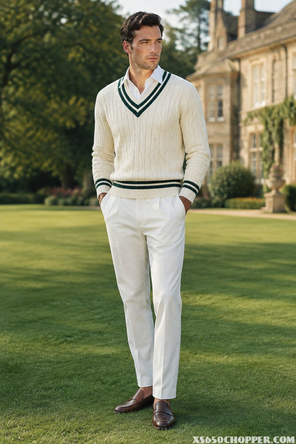 A man in a cable-knit sweater, white chinos, and brown leather loafers standing on a manicured lawn.