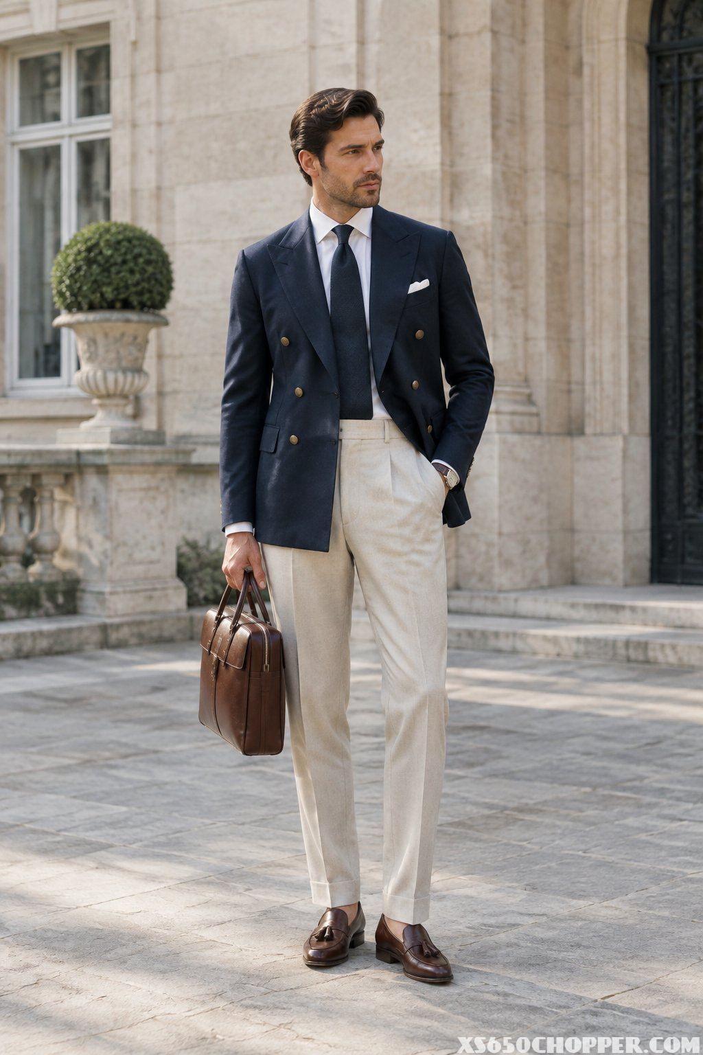 A man in a navy blazer, stone trousers, and brown tassel loafers standing outside a grand stone building.