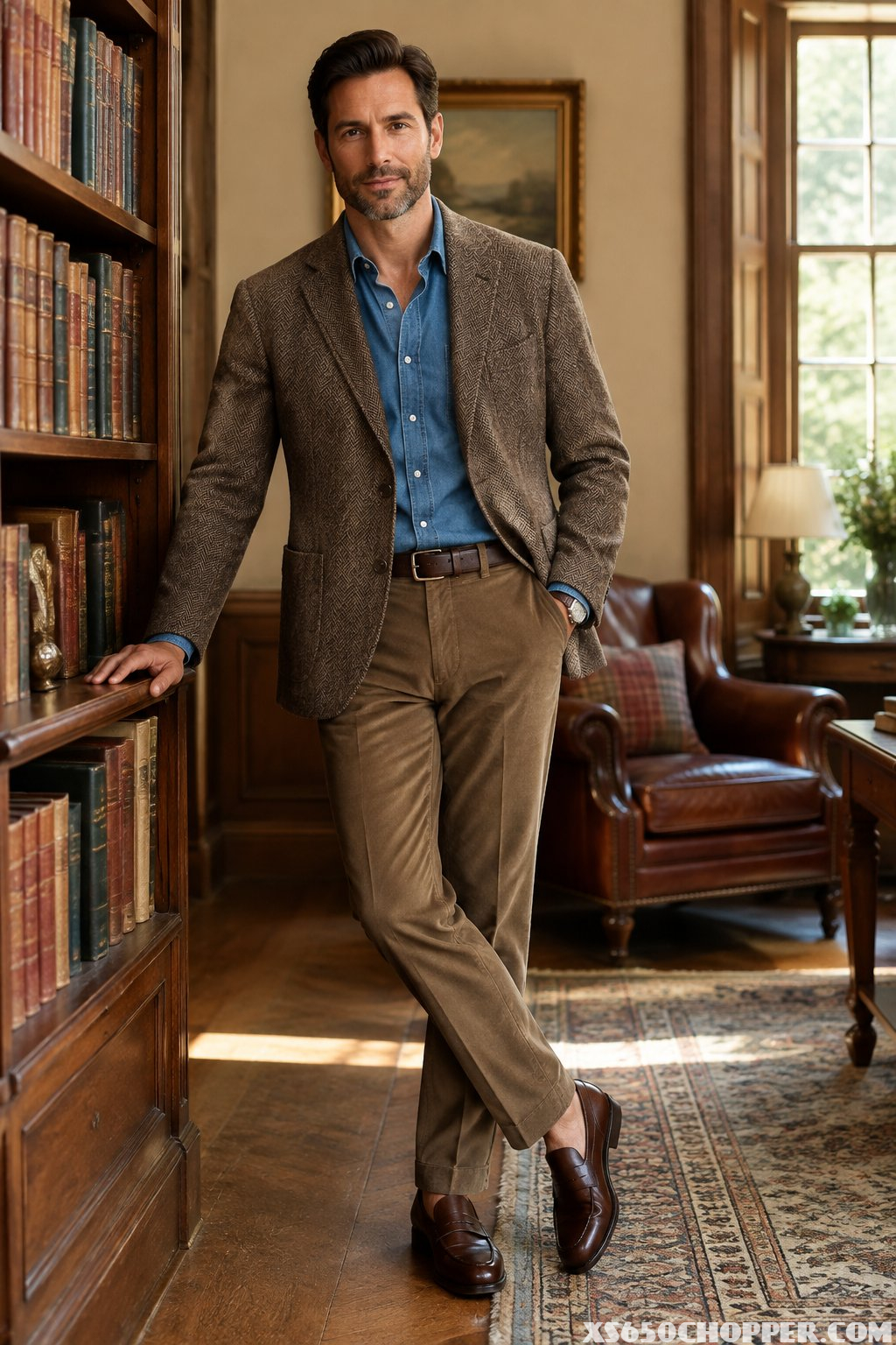 A man wearing a brown tweed jacket, blue denim shirt, and tan trousers stands in an elegant wood-paneled library.