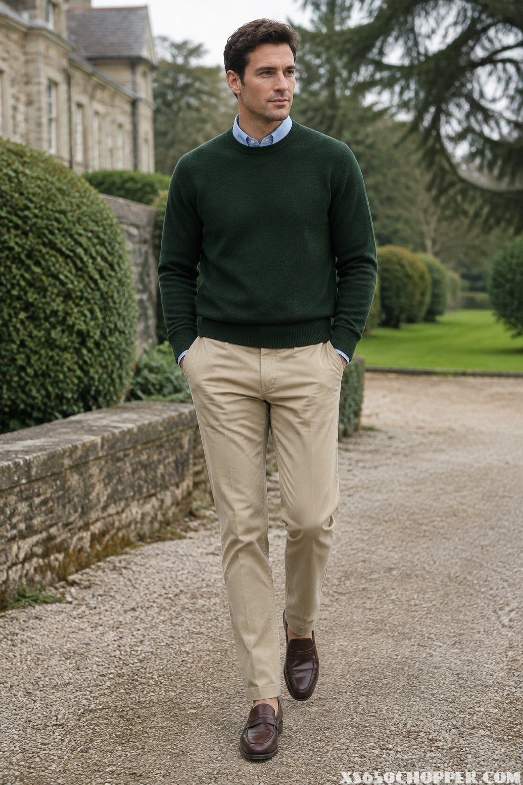 A man wears a forest green sweater over a blue shirt with khaki chinos in an elegant garden setting.