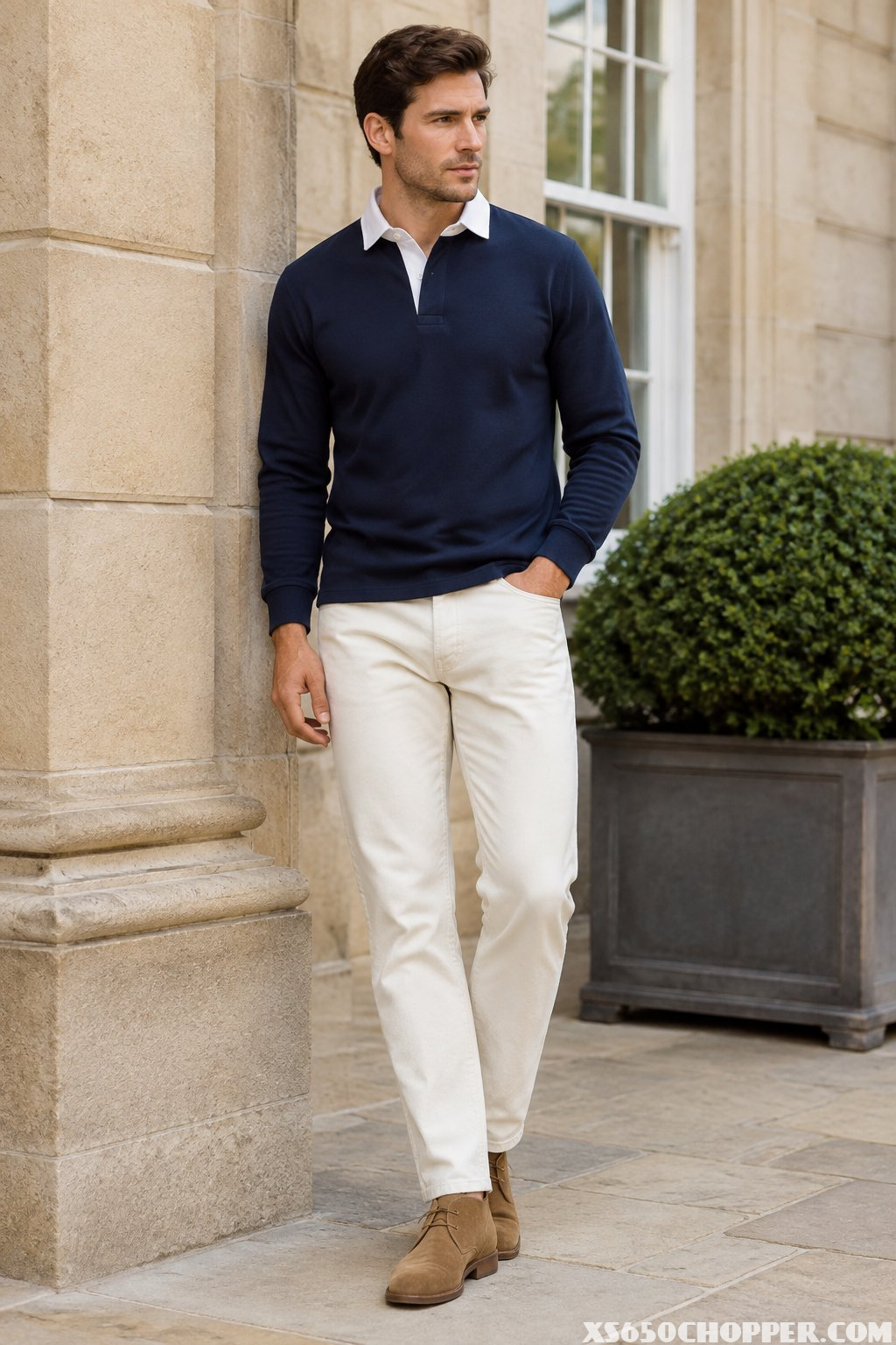 A man wearing a navy rugby shirt, ecru jeans, and tan suede chukka boots stands outside an elegant building.