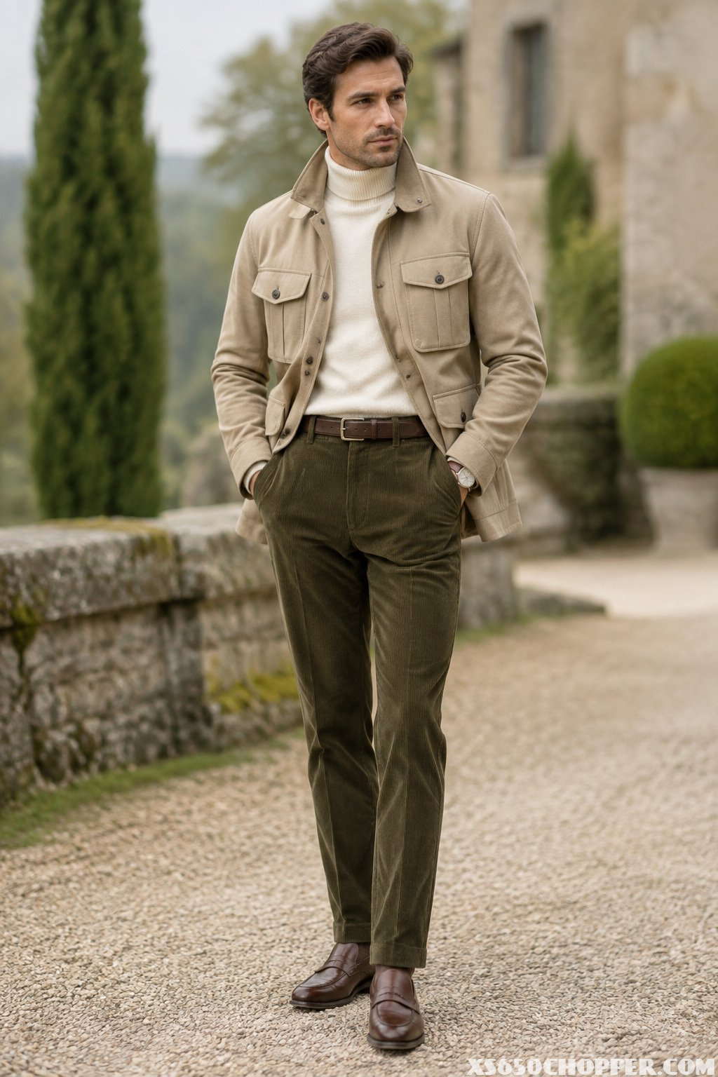 A man wearing a beige field jacket, ecru turtleneck, and olive corduroy trousers outdoors.