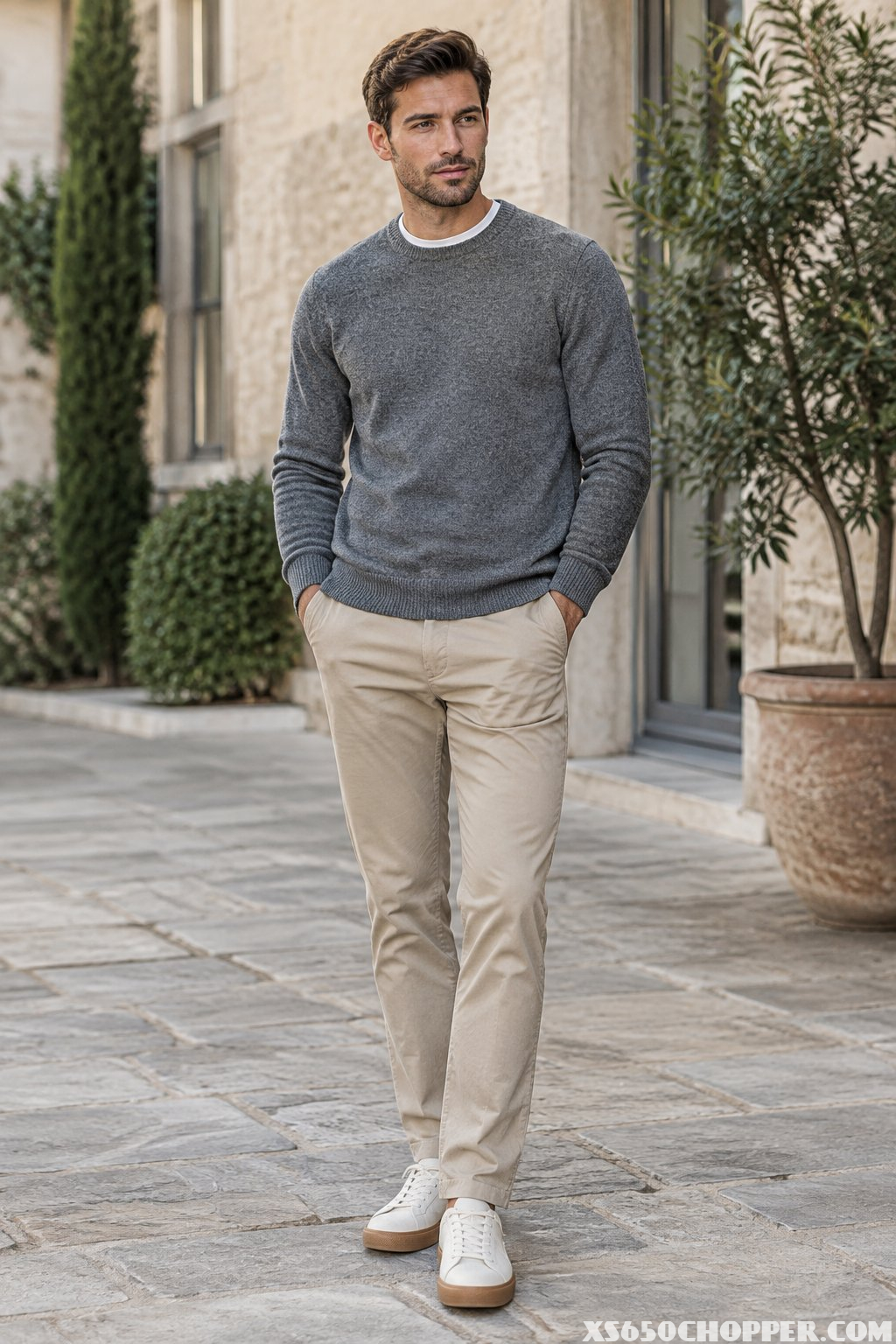 A man wearing a grey sweater, white T-shirt, stone chinos, and gum-sole sneakers stands outdoors.