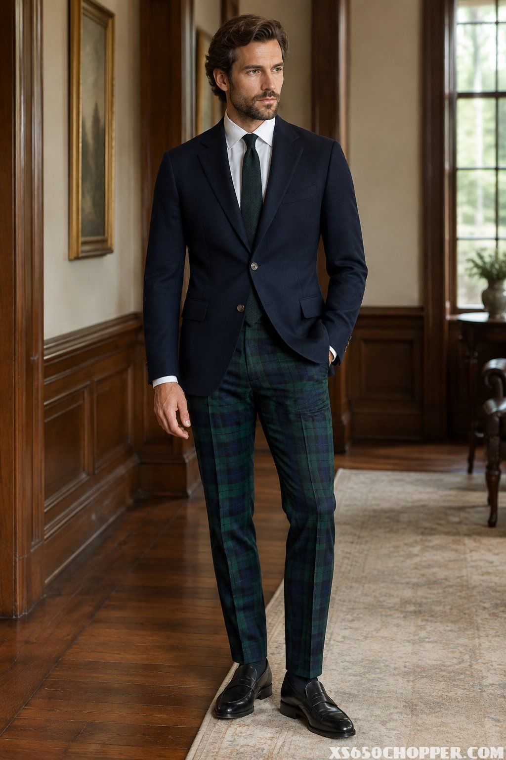 A man wearing tartan trousers, a navy blazer, and black loafers stands in an elegant interior.