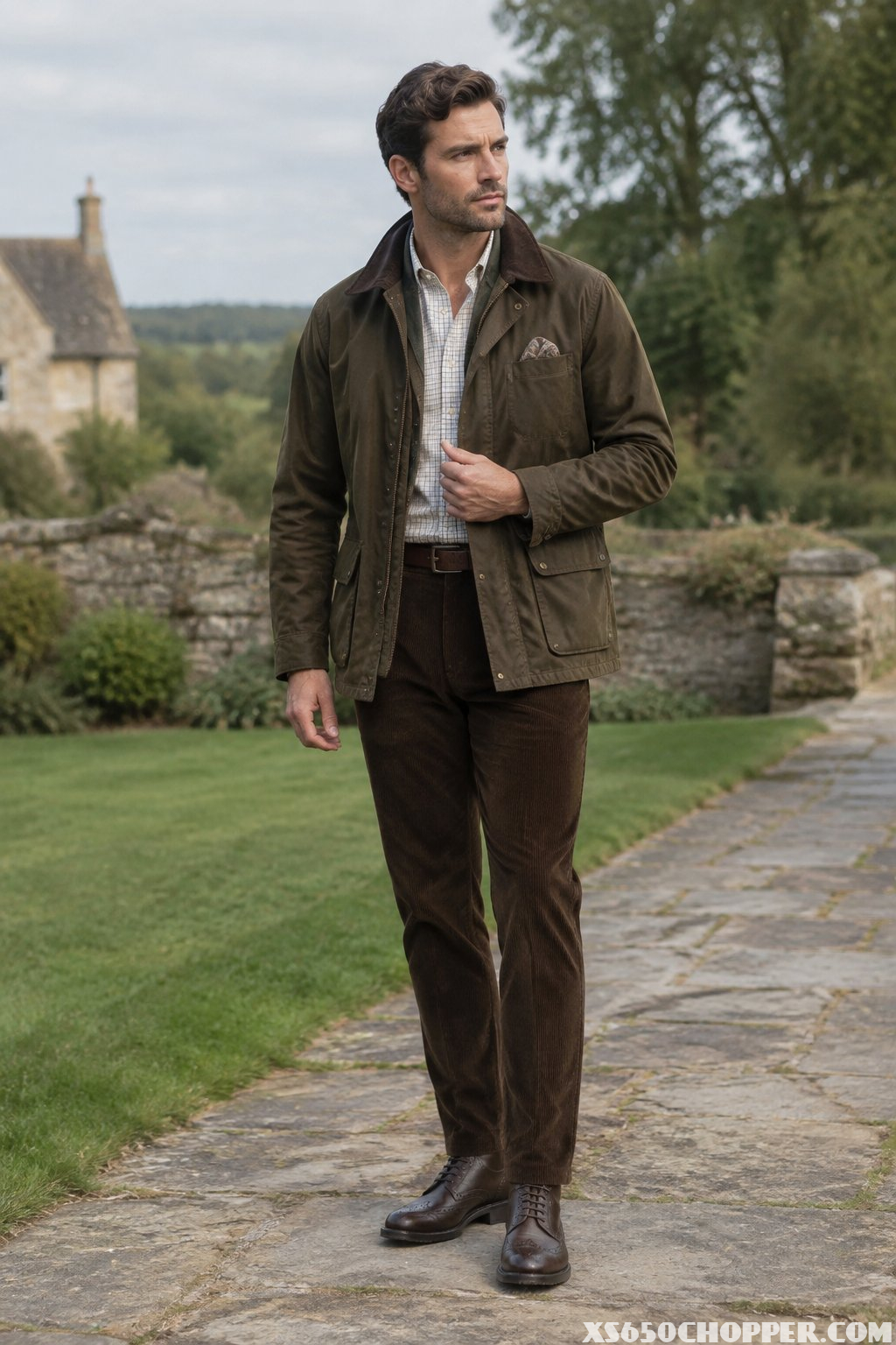 A man wearing a waxed jacket, checkered shirt, corduroy trousers, and brown brogue boots stands outdoors.