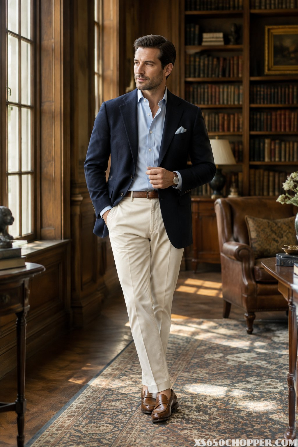 A man in a tailored blazer and light trousers standing in an elegant library.