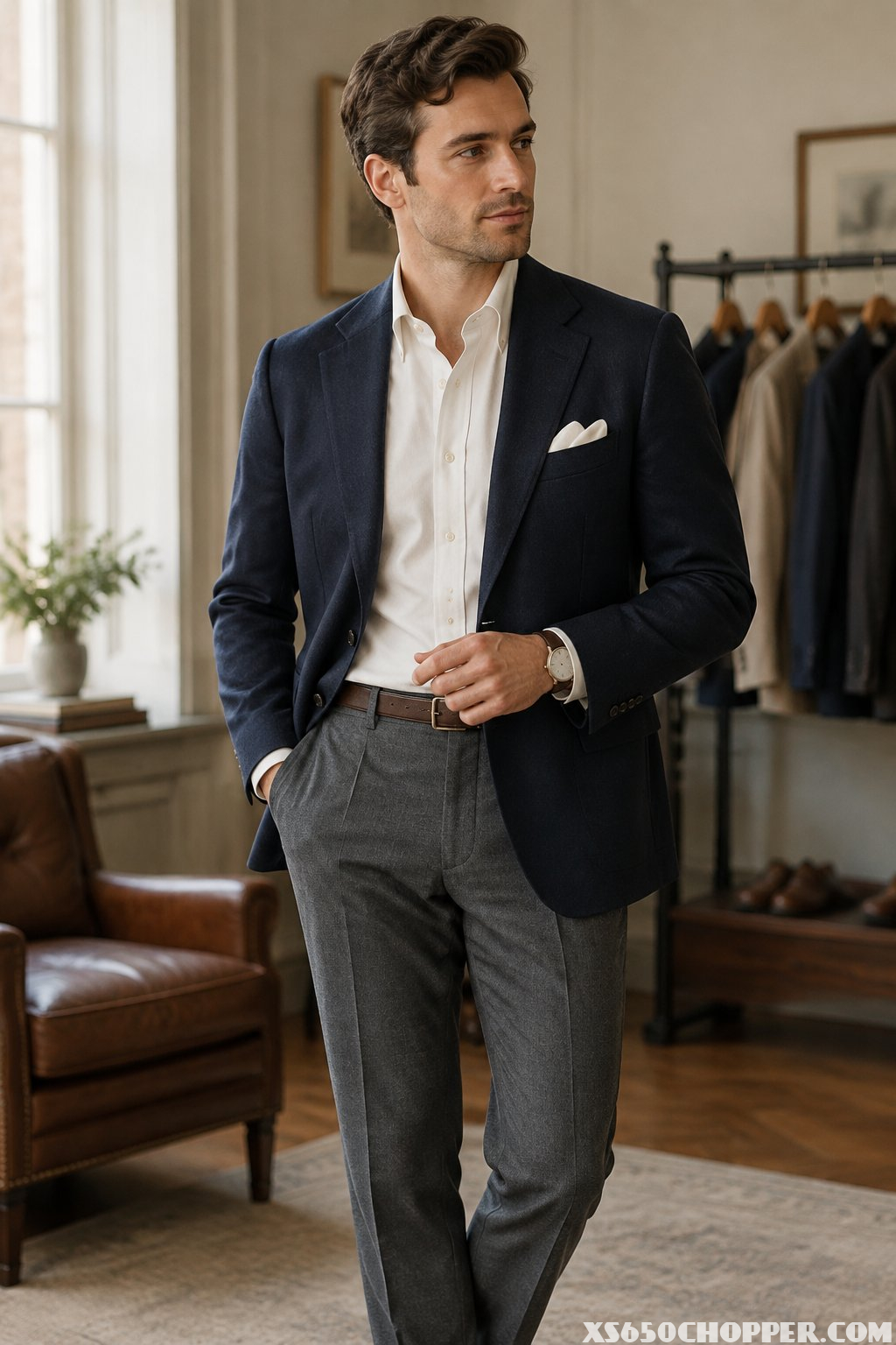 A well-dressed man stands in an elegant room wearing a tailored blazer, shirt, trousers, loafers, and a watch.