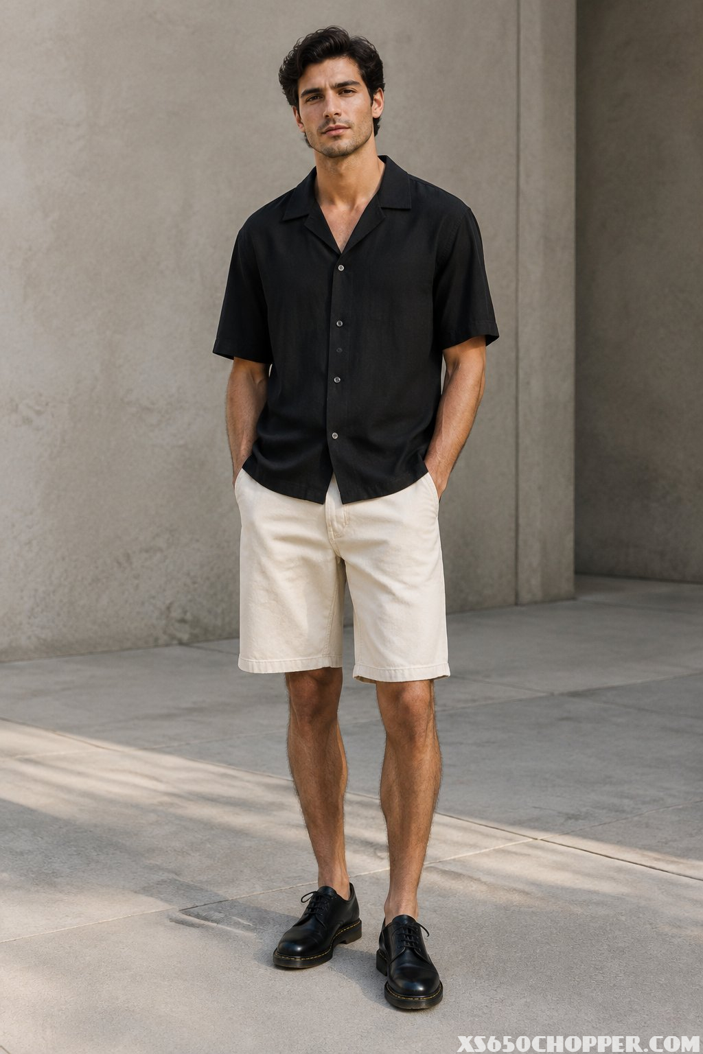 A man wearing a black short-sleeve shirt, ecru knee-length shorts, and black lace-up shoes stands outdoors.