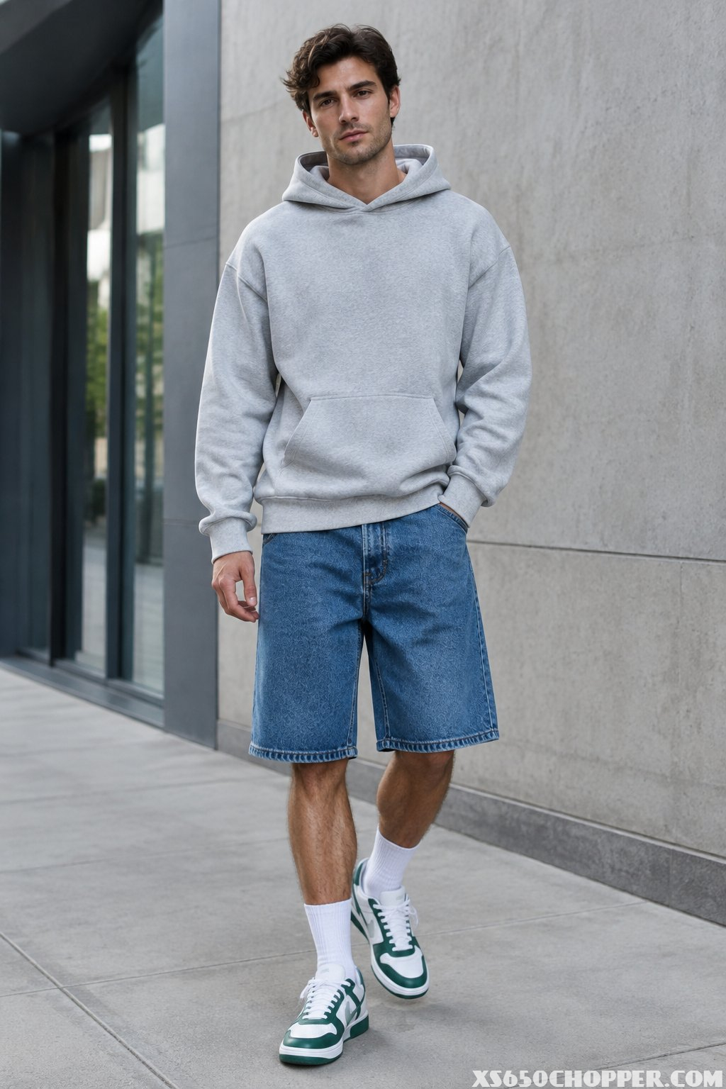 A man wears a gray hoodie, baggy blue denim shorts, white socks, and white-and-green sneakers on an urban sidewalk.