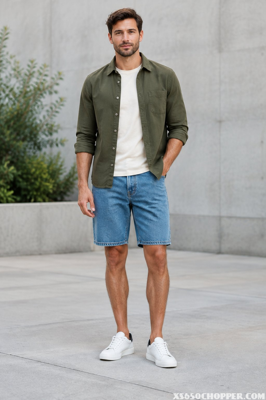A man wearing an olive overshirt, cream T-shirt, blue jorts, and white sneakers.
